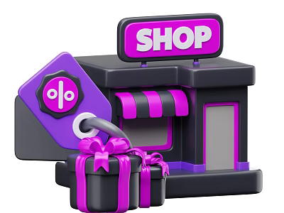 Commercial Shopping Complex Featuring Shop Sign Discount Tag And Gift Boxes 3d model