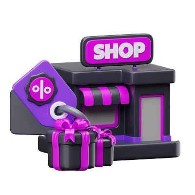 Commercial Shopping Complex Featuring Shop Sign Discount Tag And Gift Boxes 3d model
