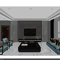 Modern Dining Room Interior With Light Blue Chairs Dark Table Chandelier And Geometric Tiles