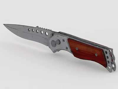 Folding Knife Featuring Metal Serrated Blade Wooden Handle And Hole Design 3d model
