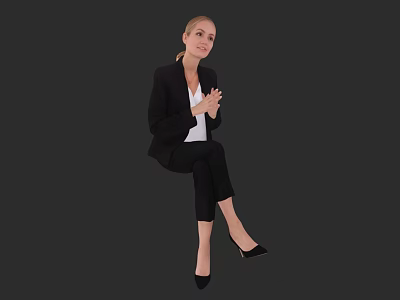 Woman in Black Blazer White Top Black Pants with Clasped Hands Sitting Against Dark Background 3d model