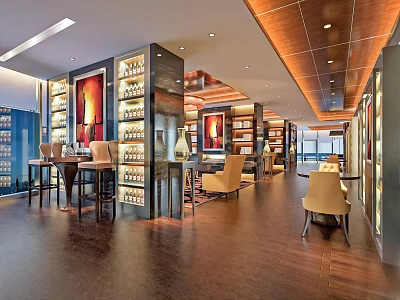 Elegant Modern Interior Lounge With Wine Racks Tables Chairs And Paintings 3d model