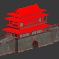 Ancient Traditional Architecture Multi story Gate Tower With Gray Tiled Roof Red Walls And Stone Lions