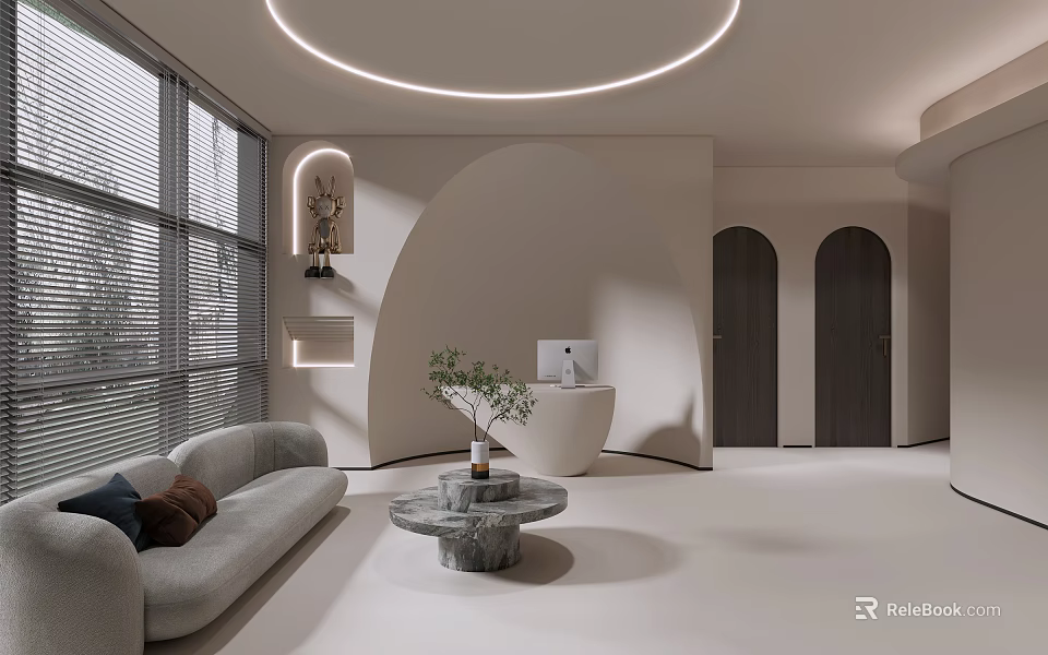 Modern Front Desk Reception Area With Sofa Round Marble Table Potted Plant And Arched Doorways 3d model 