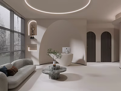 Modern Front Desk Reception Area With Sofa Round Marble Table Potted Plant And Arched Doorways 3d model