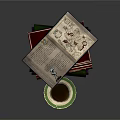 Stack of Vintage Books with Open Pages and Coffee Cup on Green Saucer
