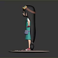 3D Model Woman in Green Dress with Goggles and Painting Supplies on Round Platform