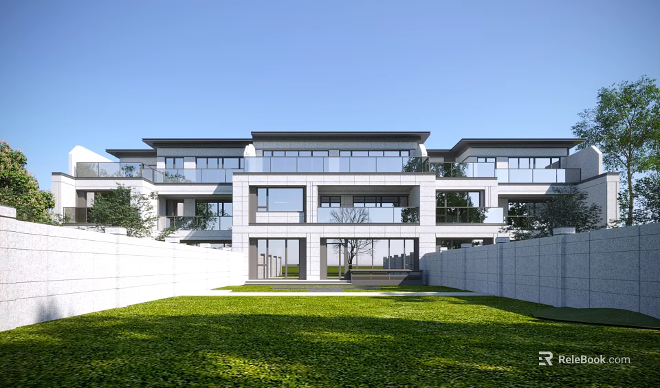 Modern Townhouse Exterior Design With Glass Windows Balconies Green Lawn And White Walls 3d model 