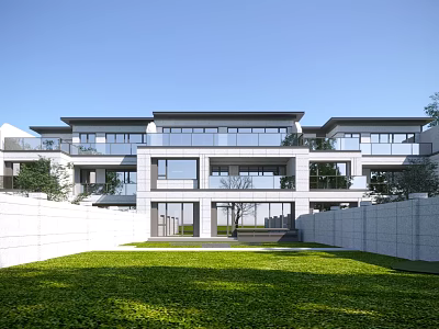 Modern Townhouse Exterior Design With Glass Windows Balconies Green Lawn And White Walls 3d model