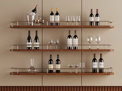 Multi Tiered Wine Rack With Wine Bottles Glasses And Decanter On Shelves 3d model
