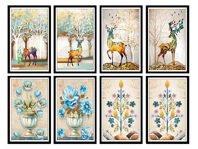 Decorative Animal Paintings With Colorful Deer Designs And Tree Backgrounds As Wall Art 3d model