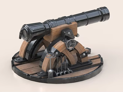 Vintage Historical Artillery Weapon with Black Barrel Wooden Carriage and Circular Base 3d model