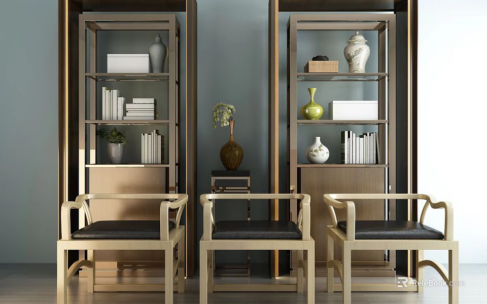 Three Modern Armchairs With Wooden Frame And Black Cushions By Bookshelves With Books And Vases 3d model 