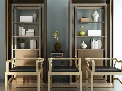 Three Modern Armchairs With Wooden Frame And Black Cushions By Bookshelves With Books And Vases 3d model