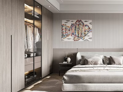 Modern Bedroom Interior With Light Colored Wardrobe Abstract Painting And Striped Wall 3d model