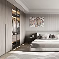 Modern Bedroom Interior With Light Colored Wardrobe Abstract Painting And Striped Wall