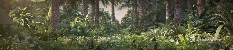 Cartoon Tropical Forest Scene with Tall Palm Trees Lush Green Plants and White Flowers 3d model 