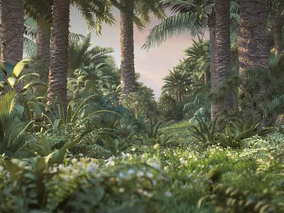 Cartoon Tropical Forest Scene with Tall Palm Trees Lush Green Plants and White Flowers 3d model