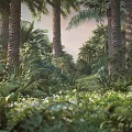 Cartoon Tropical Forest Scene with Tall Palm Trees Lush Green Plants and White Flowers