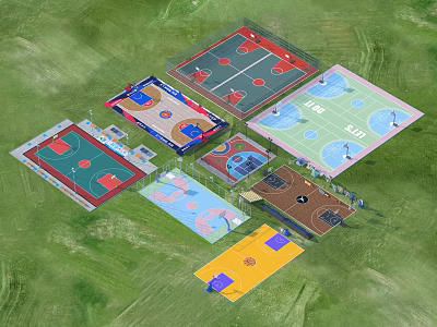 Multiple Colorful Outdoor Basketball Courts With Various Designs And Surfaces 3d model