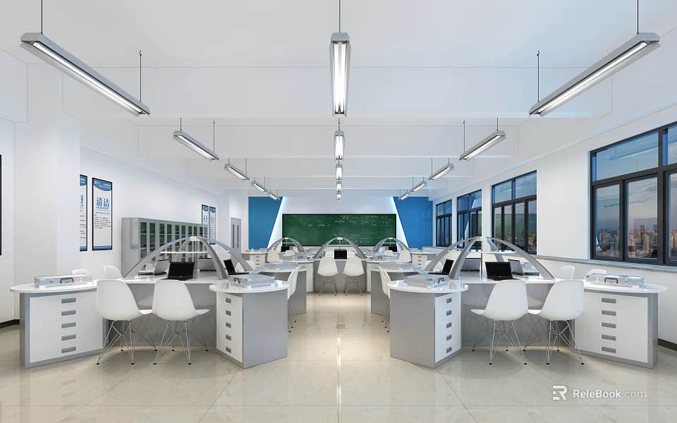 Modern Laboratory Interior With White Tables Chairs Blue Accent Walls Green Chalkboard And Equipment 3d model 