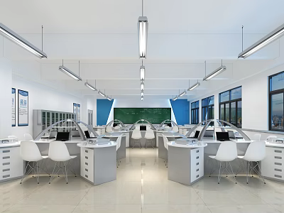 Modern Laboratory Interior With White Tables Chairs Blue Accent Walls Green Chalkboard And Equipment 3d model