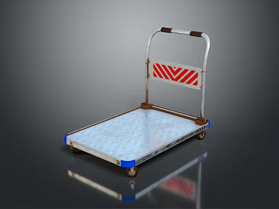 Durable Hardware Tool Platform Cart with Metal Frame Blue Wheels and Red White Striped Handle 3d model