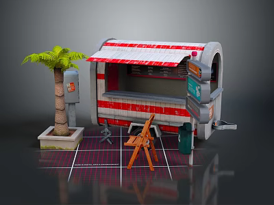 Street Food Cart With Red White Striped Awning Palm Tree And Wooden Chair Setup 3d model