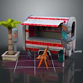 Street Food Cart With Red White Striped Awning Palm Tree And Wooden Chair Setup