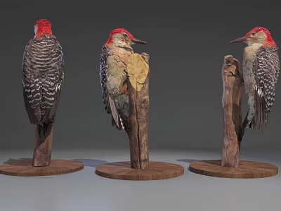 Three Red Headed Woodpeckers Perched On Wooden Stumps Displaying Feather Details And Postures 3d model
