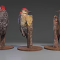 Three Red Headed Woodpeckers Perched On Wooden Stumps Displaying Feather Details And Postures