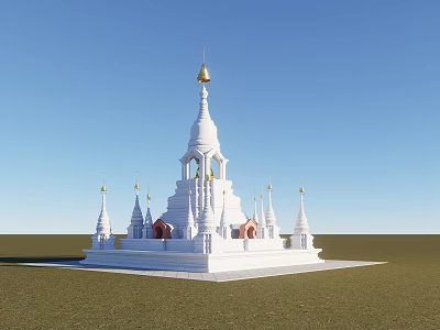 Traditional White Pagoda Landscape Sculpture With Golden Spire And Small Spires On Grass Field 3d model