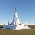 Traditional White Pagoda Landscape Sculpture With Golden Spire And Small Spires On Grass Field