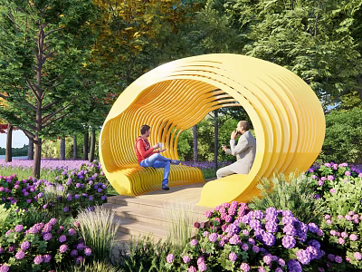 Garden Landscape with Yellow Curved Seating Structure People Relaxing Green Trees and Purple Flowers 3d model