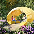 Garden Landscape with Yellow Curved Seating Structure People Relaxing Green Trees and Purple Flowers