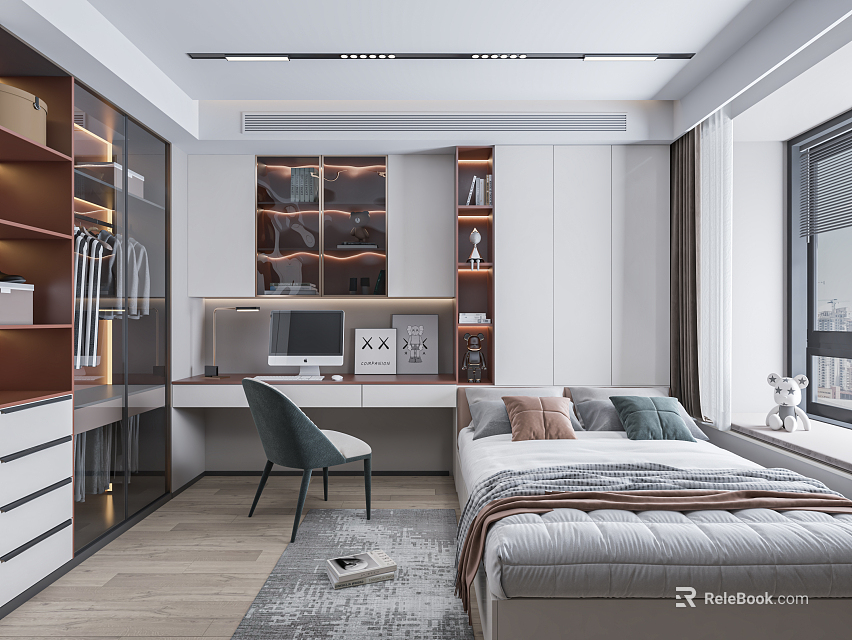 Modern Tatami Bedroom Interior with Bed Study Desk Bookshelves and Storage 3d model 