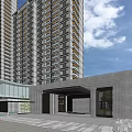 Modern High Rise Residential Buildings Central Entrance Front Plaza Water Pool Blue Sky White Clouds