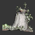 Wooden Stump Decorative Piece With Stone Accents Grass Clay Pot Plant And Wooden Planks