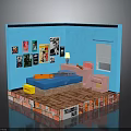 Blue Room Interior With Posters Bed Desk Lamp And Colorful Brick Base