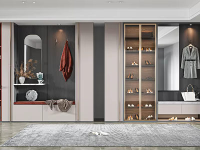 Modern Shoe Cabinet Design With Mirror Coat Hanger Bench And Decorative Storage 3d model