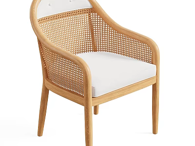 Modern Single Chair With Wooden Frame Rattan Backrest And White Cushion Seat 3d model