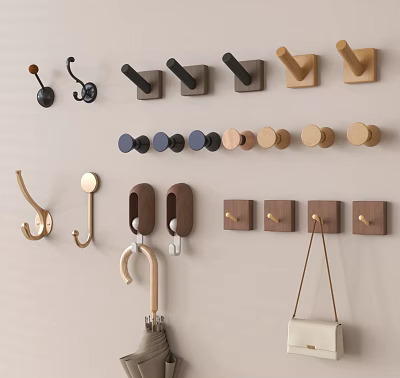 Various Wall Mounted Hooks With Diverse Wooden Metal Designs And Assorted Colors For Home Decoration 3d model