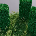 Lush Green Plant Wall With Three Columnar Structures Surrounded By Grass And Weeds 3d model