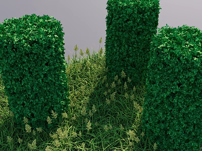 Lush Green Plant Wall With Three Columnar Structures Surrounded By Grass And Weeds 3d model