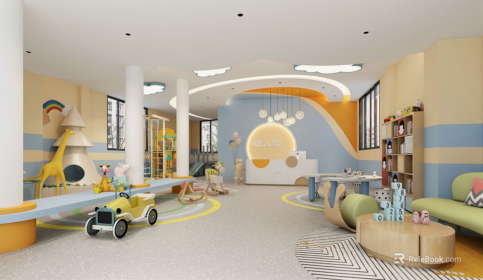 Kindergarten Interior With Colorful Decor Toys Slide Tables Chairs And Kids Play Space 3d model 