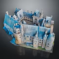 Cartoon Scene of Castle With Blue Roofs Towered Architecture and 3D Model Design