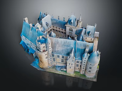 Cartoon Scene of Castle With Blue Roofs Towered Architecture and 3D Model Design 3d model