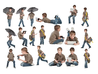 Group of Boys Showing Different Actions with Umbrella Tablet and Backpack 3d model