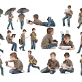 Group of Boys Showing Different Actions with Umbrella Tablet and Backpack