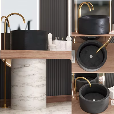 Modern Bathroom Sink Design With Black Basin Wooden Shelf And Marble Column 3d model